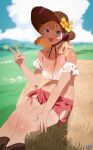  1girl :d bangs bare_shoulders blonde_hair blue_eyes blue_sky boots clouds fang hat haystack highres looking_at_viewer medium_hair midriff open_mouth original outdoors ryusei_hashida shorts sky smile solo straw_hat tan tanlines v 