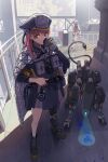  1girl absurdres android cape commentary cup cyborg disposable_cup drinking gun handgun highres holster holstered_weapon ichiyon long_hair mecha mechanical_animal mechanical_legs original outdoors pistol police redhead robot science_fiction tail weapon 
