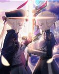  2girls absurdres ahoge armor armored_dress artoria_pendragon_(caster)_(fate) artoria_pendragon_(fate) bangs black_gloves blonde_hair blue_dress blue_headwear blue_ribbon braid closed_eyes closed_mouth clouds commentary_request dress excalibur_(fate/stay_night) eyebrows_visible_through_hair fate/grand_order fate/stay_night fate_(series) french_braid gauntlets gloves glowing glowing_weapon hair_ribbon hat highres holding holding_staff holding_sword holding_weapon juliet_sleeves long_hair long_sleeves multiple_girls nayu_tundora puffy_sleeves ribbon short_hair sky smile staff sword weapon white_dress 