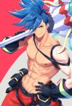  1boy abs black_gloves blue_eyes blue_hair closed_mouth galo_thymos gloves hand_on_hip highres male_focus muscular muscular_male nipples over_shoulder pants pectorals promare red_pants shirtless sidecut single_sleeve smile solo spiky_hair weapon weapon_over_shoulder zawar379 