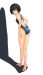  1girl absurdres amagami ass barefoot black_hair blush closed_mouth competition_swimsuit from_behind full_body highleg highleg_swimsuit highres looking_at_viewer nanasaki_ai one-piece_swimsuit short_hair sketch smile solo swimsuit ykh1028 