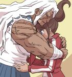  2girls asahina_aoi bandages bangs blue_eyes blue_skirt blush brown_hair closed_eyes commentary_request dangan_ronpa:_trigger_happy_havoc dangan_ronpa_(series) dark-skinned_female dark_skin from_side hair_up height_difference hug jacket long_hair multiple_girls muscular muscular_female namu_(nurui_cha) oogami_sakura pleated_skirt ponytail red_jacket scar scar_across_eye scar_on_arm shirt skirt tearing_up torn_clothes torn_shirt track_jacket track_suit v-shaped_eyebrows white_hair white_shirt 
