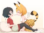  2girls all_fours animal_ears arm_support bangs black_eyes black_hair black_legwear blonde_hair bow bowtie chis_(js60216) closed_eyes commentary food from_side grey_shorts heart high-waist_skirt highres kaban_(kemono_friends) kemono_friends kneeling leaning_back leaning_forward legwear_under_shorts miniskirt motion_lines mouth_hold multiple_girls no_gloves no_shoes on_bed open_mouth pantyhose pillow pocky print_legwear print_neckwear print_skirt red_shirt serval_(kemono_friends) serval_print shirt short_hair short_sleeves shorts sitting skirt sleeveless sleeveless_shirt smile tail thigh-highs translated white_shirt yellow_legwear yellow_neckwear yellow_skirt yuri 