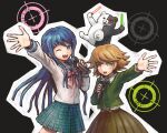  1boy 1girl bangs black_background blue_eyes blue_hair blush_stickers bow brown_eyes brown_hair commentary_request dangan_ronpa:_trigger_happy_havoc dangan_ronpa_(series) eyebrows_visible_through_hair fujisaki_chihiro green_jacket hair_ornament hairclip holding holding_microphone jacket long_hair long_sleeves maizono_sayaka microphone monokuma namu_(nurui_cha) neck_ribbon one_eye_closed open_mouth otoko_no_ko outline outstretched_arm pink_bow plaid plaid_skirt ribbon school_uniform shiny shiny_hair shirt short_hair simple_background skirt upper_teeth white_outline white_shirt 