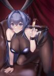 1girl absurdres animal_ears arm_strap azur_lane bare_shoulders black_leotard blue_nails bodystocking breasts champagne_flute cup drinking_glass eyebrows_visible_through_hair fake_animal_ears highleg highleg_leotard highres holding holding_cup huge_filesize impossible_clothes large_breasts leaning_forward leotard long_hair looking_at_viewer nail_polish new_jersey_(azur_lane) new_jersey_(exhilarating_steps!)_(azur_lane) official_alternate_costume oversized_breast_cup playboy_bunny purple_hair rabbit_ears sadiwosan skin_tight solo strapless strapless_leotard very_long_hair violet_eyes wrist_cuffs 
