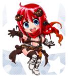  1girl :d armor armored_boots assassin_cross_(ragnarok_online) bangs bat_wings black_cape black_gloves black_legwear black_leotard black_wings blue_eyes blush boots cape chibi commentary_request demon_horns elbow_gloves eyebrows_visible_through_hair full_body gloves hair_between_eyes head_wings high_heel_boots high_heels horns kainohito kneehighs leotard long_hair looking_at_viewer open_mouth pauldrons ragnarok_online red_scarf redhead revealing_clothes scarf shoulder_armor smile solo star_(symbol) upper_teeth vambraces waist_cape wings 