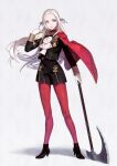  1girl ankle_boots ascot axe black_footwear boots cape closed_mouth commentary edelgard_von_hresvelg fire_emblem fire_emblem:_three_houses floating_hair forehead full_body garreg_mach_monastery_uniform gloves hair_ribbon high_heel_boots high_heels holding holding_axe holding_weapon lips long_hair long_sleeves looking_at_viewer mueririko pantyhose purple_ribbon red_cape red_legwear ribbon shadow silver_hair simple_background solo uniform violet_eyes weapon white_background white_gloves white_neckwear 