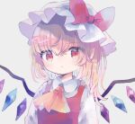  1girl ascot bangs blonde_hair blush bow crystal flandre_scarlet hat hat_bow hiyuu_(hiyualice) looking_at_viewer medium_hair mob_cap one_side_up pointy_ears red_bow red_vest shirt solo touhou upper_body vest white_background white_headwear white_shirt wings yellow_neckwear 