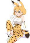  1girl :p animal_ear_fluff animal_ears arm_support blonde_hair bow bowtie chis_(js60216) claw_pose closed_mouth elbow_gloves extra_ears eyebrows_visible_through_hair gloves grey_footwear high-waist_skirt highres kemono_friends knee_up leaning_back looking_at_viewer miniskirt print_legwear print_neckwear print_skirt serval_(kemono_friends) serval_print shirt shoes short_hair sitting skirt sleeveless sleeveless_shirt smile solo striped_tail tail thigh-highs tongue tongue_out white_gloves white_shirt yellow_eyes yellow_legwear yellow_neckwear yellow_skirt 