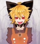  1girl black_bow blonde_hair bow brown_shirt bug buttons double-breasted hair_bow kurodani_yamame looking_at_viewer orange_vest popped_collar red_eyes reiga_(act000) saliva shirt smile solo spider tongue tongue_out touhou vest 