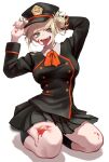  1girl absurdres bangs blonde_hair blood blood_on_face blood_on_hands blood_on_leg blunt_bangs boku_no_hero_academia breasts commentary_request double_bun fangs full_body hat highres kneeling large_breasts long_sleeves looking_at_viewer muna_natana5 open_mouth school_uniform simple_background skirt solo teeth toga_himiko tongue tongue_out white_background yellow_eyes 