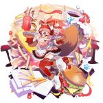 1girl bacon bell burger coffee dress fangs fate/grand_order fate_(series) food french_fries highres ketchup lostroom_outfit_(fate) mini_flag mustard neck_bell one_eye_closed pancake parfait pink_hair roller_skates skates striped striped_dress sugar_cube tail tamamo_(fate) tamamo_cat_(fate) tetsu_(teppei) thigh-highs tray
