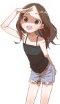  1girl :d absurdres arm_up bangs bare_arms bare_shoulders black_camisole blue_shorts blush brown_eyes brown_hair camisole collarbone commentary_request feet_out_of_frame highres karakai_jouzu_no_takagi-san leaning_forward long_hair looking_at_viewer official_art open_mouth parted_bangs shading_eyes short_shorts shorts simple_background smile solo standing takagi-san white_background yamamoto_souichirou 