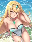  1girl bangs beach blonde_hair breasts chest_jewel cslucaris gem headpiece large_breasts long_hair mythra_(radiant_beach)_(xenoblade) mythra_(xenoblade) one-piece_swimsuit patreon_username ribbed_swimsuit solo strapless strapless_swimsuit striped swept_bangs swimsuit thighs tiara vertical-striped_swimsuit vertical_stripes very_long_hair white_swimsuit xenoblade_chronicles_(series) xenoblade_chronicles_2 yellow_eyes 