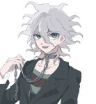  1boy :d bangs black_jacket chain collarbone commentary_request dangan_ronpa_(series) dangan_ronpa_another_episode:_ultra_despair_girls grey_eyes grey_hair grey_shirt hair_between_eyes hand_up jacket komaeda_nagito leather leather_jacket long_sleeves looking_at_viewer male_focus messy_hair open_mouth pale_skin red_shirt shenmu_(nyx_0) shirt simple_background sketch smile solo striped striped_shirt upper_body white_background 