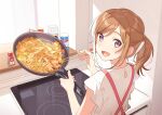  1girl :d apron bangs brown_hair character_request chopsticks cooking copyright_request food frying_pan hechima_(issindotai) highres holding holding_chopsticks indoors long_hair looking_at_viewer looking_back noodles open_mouth original ponytail red_apron shirt short_sleeves smile solo standing stove violet_eyes white_shirt 