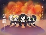  5girls black_footwear chibi crossed_arms enjin_(idolmaster) explosion fujimoto_rina highres idolmaster idolmaster_cinderella_girls kimura_natsuki leaning_forward looking_at_viewer matsunaga_ryou mugicha_(mugimugi_6) mukai_takumi multiple_girls parody pleated_skirt powerpuff_girls shadow shorts skirt smile toon_(style) yamato_aki 