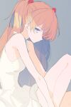  1girl bare_shoulders blue_eyes closed_mouth dress eyebrows_visible_through_hair grey_background hair_over_one_eye long_hair looking_at_viewer neon_genesis_evangelion orange_hair orange_pupils sansaro_rii signature simple_background sitting sketch solo souryuu_asuka_langley twintails white_dress 
