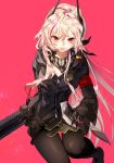  1girl armband assault_rifle bandana black_bandana black_hoodie blonde_hair breasts commentary discord_bing girls_frontline gun headgear highres hood hood_down hoodie long_hair looking_at_viewer m4_carbine m4_sopmod_ii m4_sopmod_ii_(girls_frontline) mechanical_arms medium_breasts multicolored_hair pantyhose red_background red_eyes redhead rifle skull_print smile solo streaked_hair very_long_hair weapon 