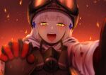  1girl absurdres bangs blunt_bangs blush coat eyebrows_visible_through_hair facial_mark fire gas_mask girls_frontline gloves goggles goggles_on_headwear green_eyes guchagucha helmet highres hk416_(fang)_(girls_frontline) hk416_(girls_frontline) holding_hands mask mask_around_neck pov red_gloves silver_hair solo tom_clancy&#039;s_the_division upper_teeth white_coat yandere 