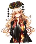  1girl bangs belt black_dress black_headwear blonde_hair bow bowtie breasts brown_belt chinese_clothes closed_mouth crescent dress earrings eyebrows_visible_through_hair hair_between_eyes hand_up hat jewelry junko_(touhou) large_breasts long_hair long_sleeves looking_at_viewer mature_female pom_pom_(clothes) raptor7 red_eyes red_vest simple_background solo tabard touhou vest white_background wide_sleeves yellow_bow yellow_neckwear 