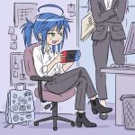  2girls ahoge airpods backpack bag blue_hair boots chair crossed_arms crossed_legs english_commentary folder green_eyes high_heel_boots high_heels hiiragi_kagami izumi_konata keroro_gunsou lucky_star monitor mouse multiple_girls nintendo_switch office office_chair office_lady pants ponytail trash_can truffleduster tsurime 