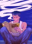  1boy absurdres angry biceps blue_hair book cu_chulainn_(fate) cu_chulainn_(fate/stay_night) denim fate/stay_night fate_(series) highres holding holding_book huge_filesize jeans long_hair male_focus moto_(otemoto02) muscular muscular_male outdoors pants ponytail red_eyes sky smoke smoking solo spiky_hair squatting tank_top white_tank_top writing 