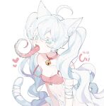  1girl ahoge animal_ear_fluff animal_ears artist_name asphyxia17 babydoll bandaged_arm bandaged_tail bandages bell blue_eyes blurry blurry_background bow breasts cat_ears cat_tail chinese_commentary collar collarbone commentary_request dated heart jingle_bell leaning_forward long_hair long_tongue looking_at_viewer open_mouth original pink_babydoll pink_bow pink_collar sharp_teeth simple_background small_breasts solo strap_slip tail teeth tentacle_tongue tongue tongue_out twintails upper_teeth very_long_hair wavy_hair white_background white_hair white_tail 