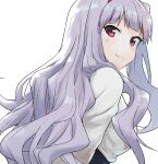  1girl bangs breasts closed_mouth eyebrows_behind_hair from_behind hairband idolmaster long_hair looking_at_viewer medium_breasts purple_hairband shijou_takane shuucream_(syuichi) silver_hair simple_background smile solo violet_eyes white_background 