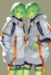  2others :d ambiguous_gender colored_skin commentary_request eyebrows_visible_through_hair eyes_visible_through_hair green_eyes green_skin hands_in_pockets jacket looking_at_viewer multiple_others open_mouth original short_hair shorts slime_(creature) slime_(substance) smile white_jacket yuzu_shio 