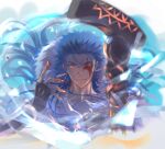  1boy blood blood_on_face blue_hair bracelet capelet cu_chulainn_(caster)_(fate) cu_chulainn_(fate) earrings eye_injury fate/grand_order fate_(series) floating_hair fur-trimmed_hood fur_trim grin highres hood hooded_capelet injury jewelry long_hair looking_at_viewer male_focus one_eye_closed red_eyes slit_pupils smile solo spiky_hair staff wooden_staff zuif_d 