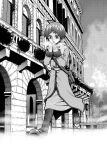  1boy acolyte_(ragnarok_online) antenna_hair architecture bag bangs breathing_on_hands building cassock cold commentary_request full_body greyscale long_sleeves miogrobin monochrome open_mouth pants ragnarok_online shoes short_hair solo walking 