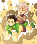  2boys black_hair closed_eyes foot_tickling gon_freecss hunter_x_hunter killua_zoldyck laughing male open_mouth smile tears tickling white_hair 