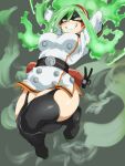  1girl black_mask boku_no_hero_academia breasts burnin_(boku_no_hero_academia) curvy domino_mask eyebrows_visible_through_mask fiery_hair fukuinu gradient_hair green_hair grin high highres looking_at_viewer mask multicolored_hair smile solo steam studded thighs under_boob 