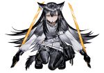  1girl absurdres animal_ears arknights belt black_capelet black_footwear black_gloves black_hair black_legwear capelet colored_inner_hair commentary fingerless_gloves food food_in_mouth full_body gloves grey_hair hair_between_eyes highres holding holding_sword holding_weapon id_card jacket lizeyan_(cpj) long_hair long_sleeves looking_at_viewer multicolored_hair orange_eyes pantyhose pocky simple_background solo squatting sword tail texas_(arknights) thigh_strap weapon white_background white_jacket wolf_ears wolf_girl wolf_tail 