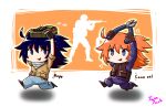 2girls ammunition_pouch anger_vein antenna_hair black_gloves blue_eyes blue_hair blue_pants bomb brown_shirt chibi clippers counter-strike counter_strike:_global_offensive denim fingerless_gloves full_body gloves holding_bomb jazz_jack long_hair long_sleeves looking_at_another multiple_girls open_mouth orange_background orange_hair original pants pouch running scarf shirt short_sleeves sweat tactical_clothes two-tone_background vest white_background 