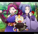  1boy 1girl :d alternate_costume bangs bare_shoulders blue_eyes blurry breasts closed_mouth clothed_pokemon commentary_request cosplay_request day fate_(series) flower gen_1_pokemon green_eyes hair_ribbon holding holding_flower holding_sword holding_weapon james_(pokemon) jessie_(pokemon) long_hair meowth noyeshr open_mouth outdoors pokemon pokemon_(anime) pokemon_(creature) ponytail purple_hair red_flower ribbon sash smile sword team_rocket tied_hair tongue tree weapon wide_sleeves 