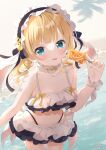  1girl animal_ears bangs beach bikini black_bikini black_hairband blonde_hair blue_eyes closed_mouth collarbone commentary_request eyebrows_visible_through_hair fake_animal_ears floppy_ears food frilled_hairband frills gochuumon_wa_usagi_desu_ka? hairband hand_up highleg highleg_bikini highres holding holding_food kirima_sharo layered_bikini looking_at_viewer neki_(wakiko) rabbit_ears sand solo swimsuit tongue tongue_out water white_bikini wrist_cuffs 