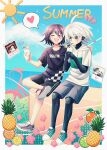  2boys :d bangs beach bicycle black_shirt blush border cheer_(cheerkitty14) closed_eyes clouds cocktail collarbone commentary commission cup dangan_ronpa_(series) dangan_ronpa_v3:_killing_harmony dated day drinking drinking_glass drinking_straw english_commentary food fruit grey_eyes grey_shorts ground_vehicle hair_between_eyes heart highres holding hood hoodie keebo male_focus multiple_boys notice_lines open_mouth orange_(food) ouma_kokichi outdoors photo_(object) pineapple shirt short_sleeves shorts shrine sitting smile spoken_heart summer sweat white_border white_hoodie 