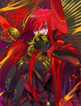  1girl armor bodysuit breastplate breasts cape eyebrows_visible_through_hair eyes_visible_through_hair fate/grand_order fate_(series) hair_between_eyes hair_over_one_eye high_collar holding holding_skull long_hair looking_at_viewer oda_nobunaga_(fate)_(all) oda_nobunaga_(maou_avenger)_(fate) red_cape red_eyes redhead shaded_face skin_tight skull solo urayura 