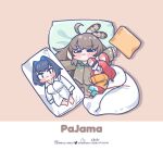  2girls :3 blush_stickers brown_hair chibi commentary dakimakura_(object) english_commentary english_text hakos_baelz highres hololive hololive_english instagram_username monja_(monja0521) multicolored_hair multiple_girls nanashi_mumei ouro_kronii pillow pixiv_username redhead signature sleeping streaked_hair twitter_username virtual_youtuber 