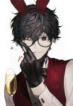  1boy absurdres alcohol animal_ears black-framed_eyewear black_bow black_eyes black_gloves black_hair bow bowtie btmr_game champagne champagne_flute cup drinking_glass fake_animal_ears glasses gloves hairband highres holding holding_cup long_sleeves male_focus one_eye_closed persona persona_5 red_hairband red_vest shirt simple_background sleeve_cuffs smile solo star_(symbol) upper_body vest white_background white_shirt 