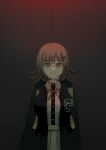  1girl backpack bag bangs black_jacket black_shirt breasts brown_eyes brown_hair brown_skirt closed_mouth collared_shirt commentary_request dangan_ronpa_(series) dangan_ronpa_2:_goodbye_despair dress_shirt eyebrows_visible_through_hair flipped_hair galaga gradient gradient_background hair_ornament hairclip highres hood jacket large_breasts long_sleeves looking_at_viewer medium_hair nanami_chiaki neck_ribbon open_clothes open_jacket pink_ribbon pleated_skirt ribbon sagawa_(tool_pp) shirt shirt_tucked_in skirt solo upper_body white_shirt 