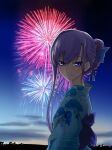  1girl absurdres blue_eyes fate/grand_order fate_(series) fireworks highres japanese_clothes kimono long_hair looking_at_viewer meltryllis_(fate) night obi pororitsutaya purple_hair sash smile yukata 