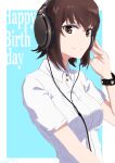  1girl absurdres bangs birthday blue_background border brown_eyes brown_hair closed_mouth commentary dated dress_shirt english_text girls_und_panzer hand_on_headphones happy_birthday headphones highres looking_at_viewer nishizumi_maho oritako outside_border shirt short_hair short_sleeves smile solo upper_body watch watch white_border white_shirt wing_collar 