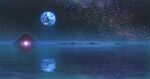  commentary_request earth_(planet) glowing night night_sky no_humans original planet pyramid reflective_water scenery science_fiction sky star_(sky) starry_sky water yakkunn 