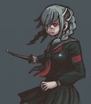  1girl bangs black_sailor_collar black_skirt bokken braid breasts commentary_request dangan_ronpa_(series) dangan_ronpa_2:_goodbye_despair from_side glasses grey_background hair_ribbon holding holding_weapon large_breasts long_hair long_sleeves looking_at_viewer namu_(nurui_cha) neckerchief pekoyama_peko pleated_skirt red_eyes ribbon sailor_collar school_uniform simple_background skirt solo sword teeth twin_braids weapon white_ribbon wooden_sword 