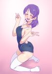  1girl :d ^_^ character_request closed_eyes double_v gradient gradient_background kneeling medium_hair muramura_hito one-piece_swimsuit open_mouth precure purple_hair simple_background smile solo swimsuit thigh-highs v white_legwear 