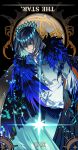  1boy aokiku black_hair black_pants blue_eyes claws cloak cowboy_shot crown fate/grand_order fate_(series) highres light_particles long_sleeves looking_down male_focus medium_hair oberon_(fate) pants shirt smile solo spoilers standing tarot the_star_(tarot) white_shirt 