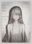  1girl absurdres bandages bandages_over_eyes bangs bare_shoulders blonde_hair choker dress expressionless height_chart highres huge_filesize long_hair original photo_(object) rium_(tokiki_(tomok1)) solo tokiki_(tomok1) white_dress 